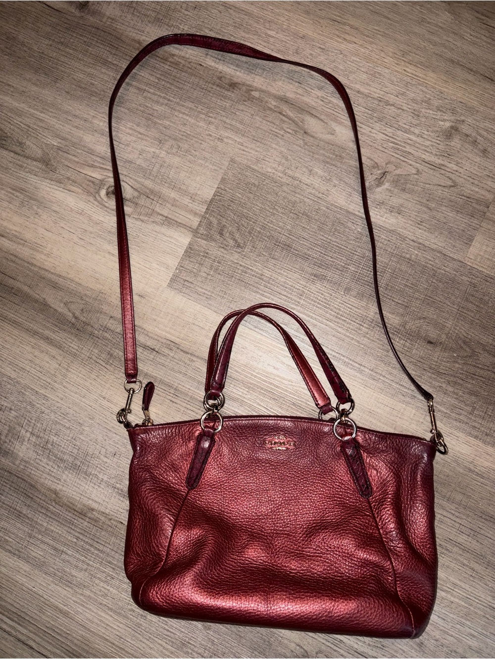 Coach Pebbled Leather Crossbody Tote in Burgundy Red